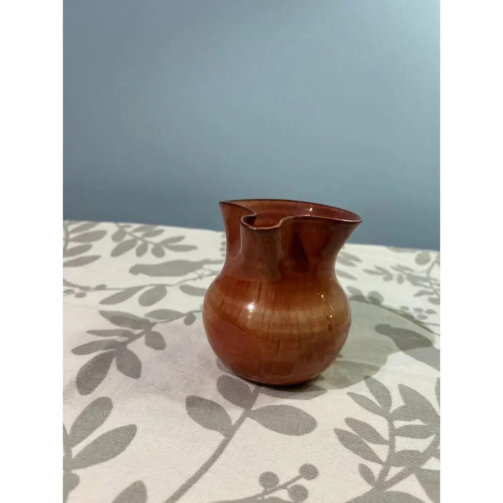 Hand Thrown Studio Pottery Creamer Brown Flambe Glaze Pitcher Signed 1986